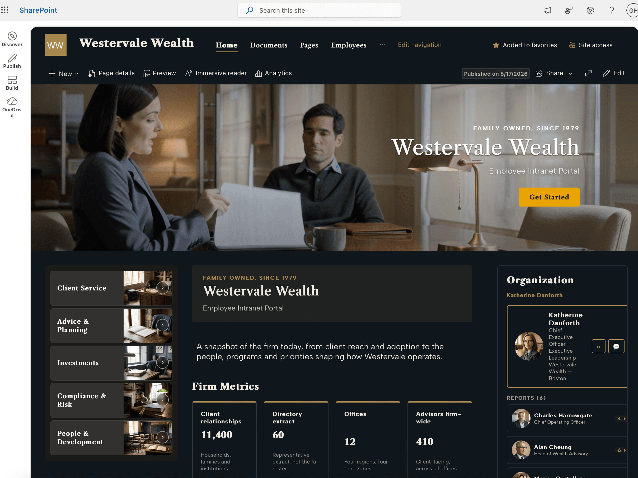 A SharePoint home page composed from Zenpo web parts: banner, page heading, stats and org chart