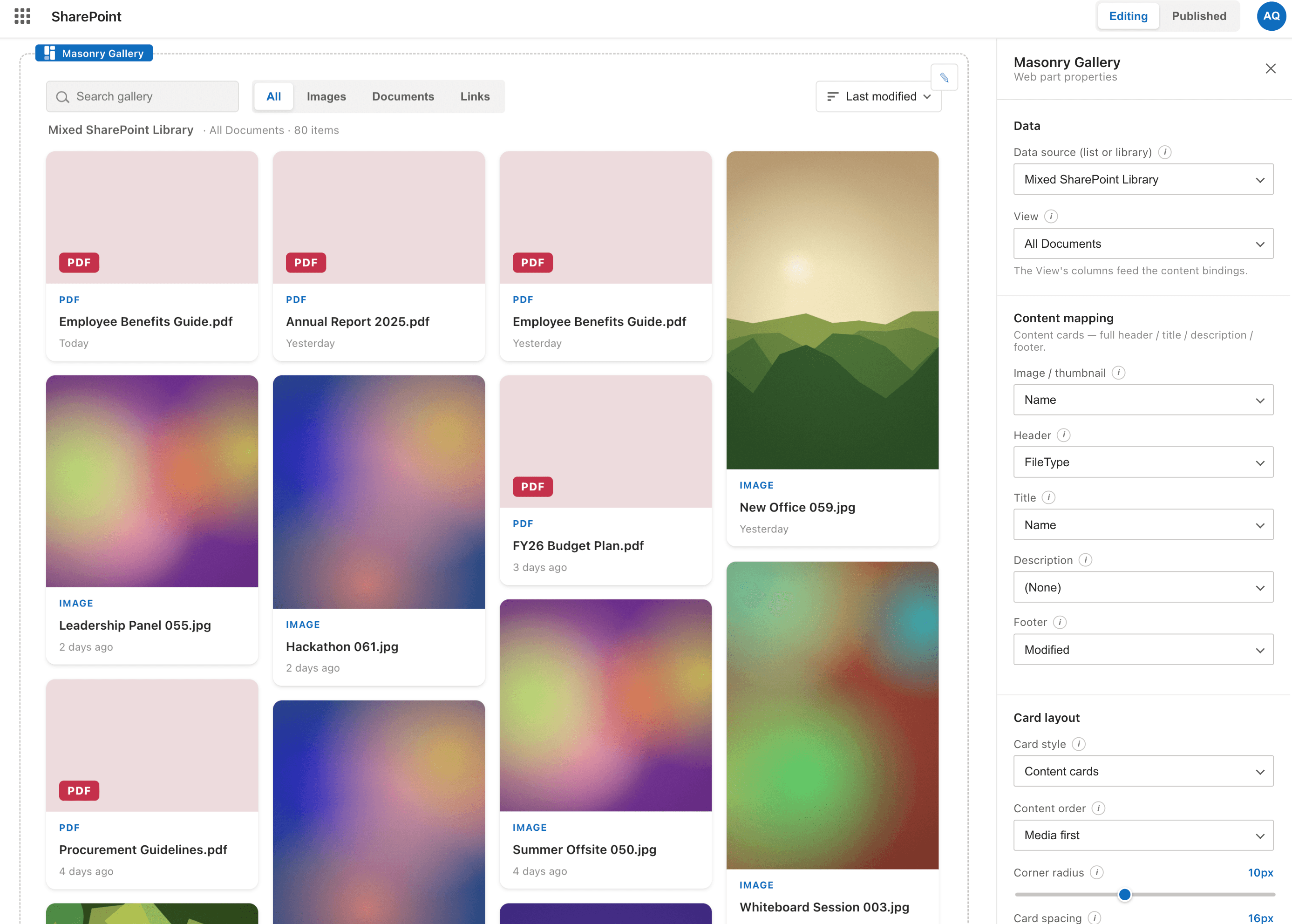 Mosaic — Masonry Gallery & Cards web part being configured in the SharePoint page editor