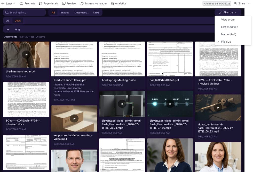 Zenpo Mosaic masonry gallery in SharePoint showing documents and media with search, year and month filters, content-type filters, and sorting controls.