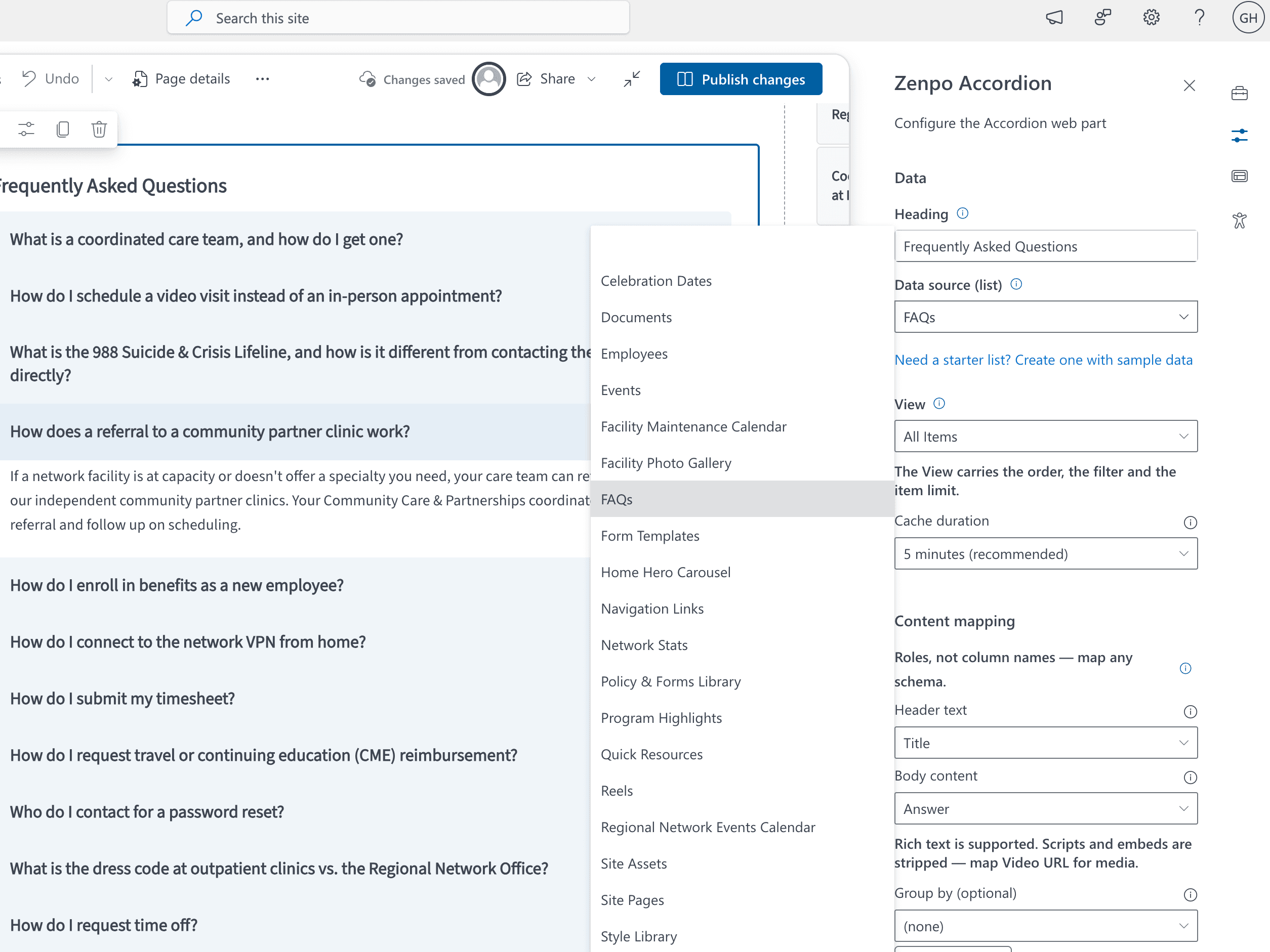 Property pane mapping existing list columns to the accordion’s header, body and group roles