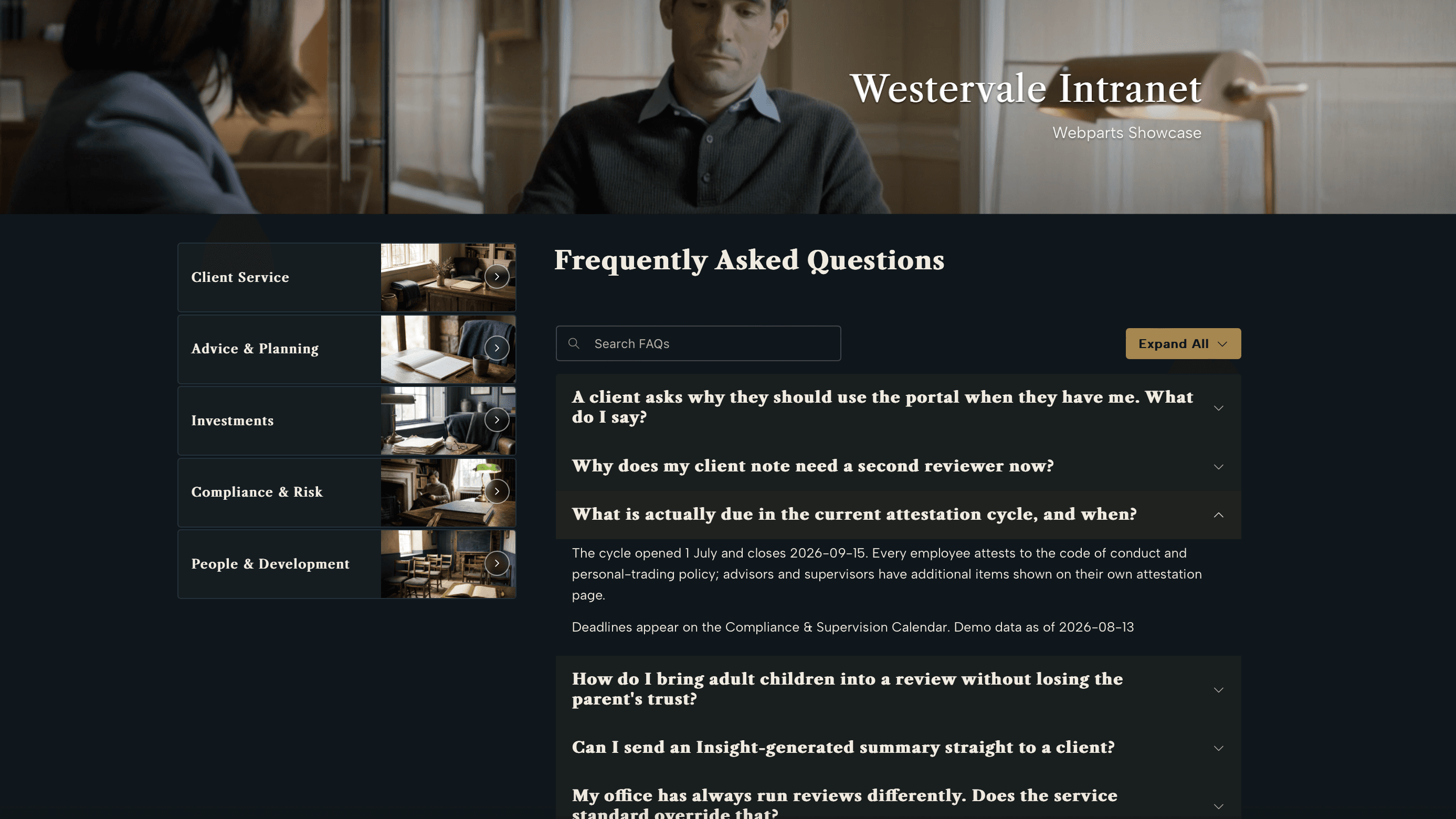 Accordion web part showing a grouped FAQ with live search filtering the open questions