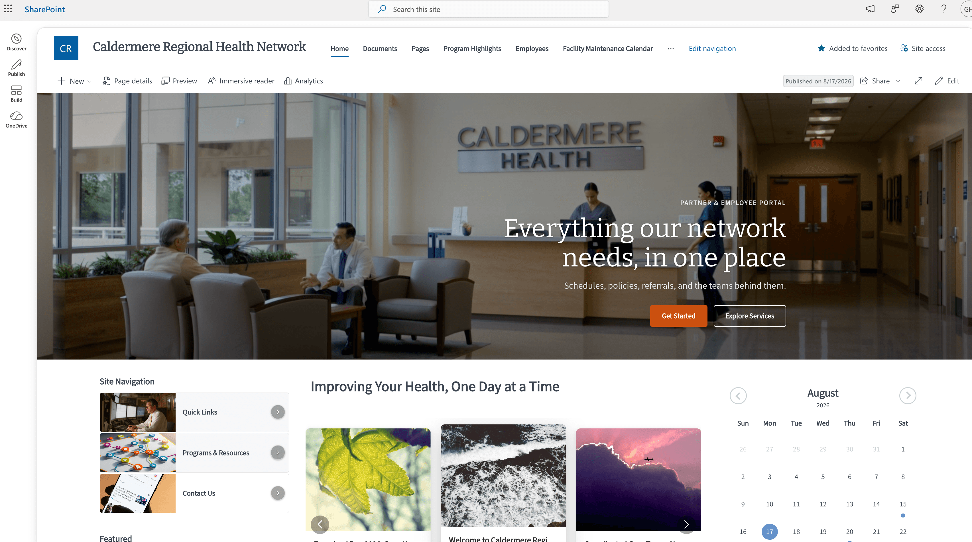 Full-width Banner web part with a photo background, readable headline and two call-to-action buttons