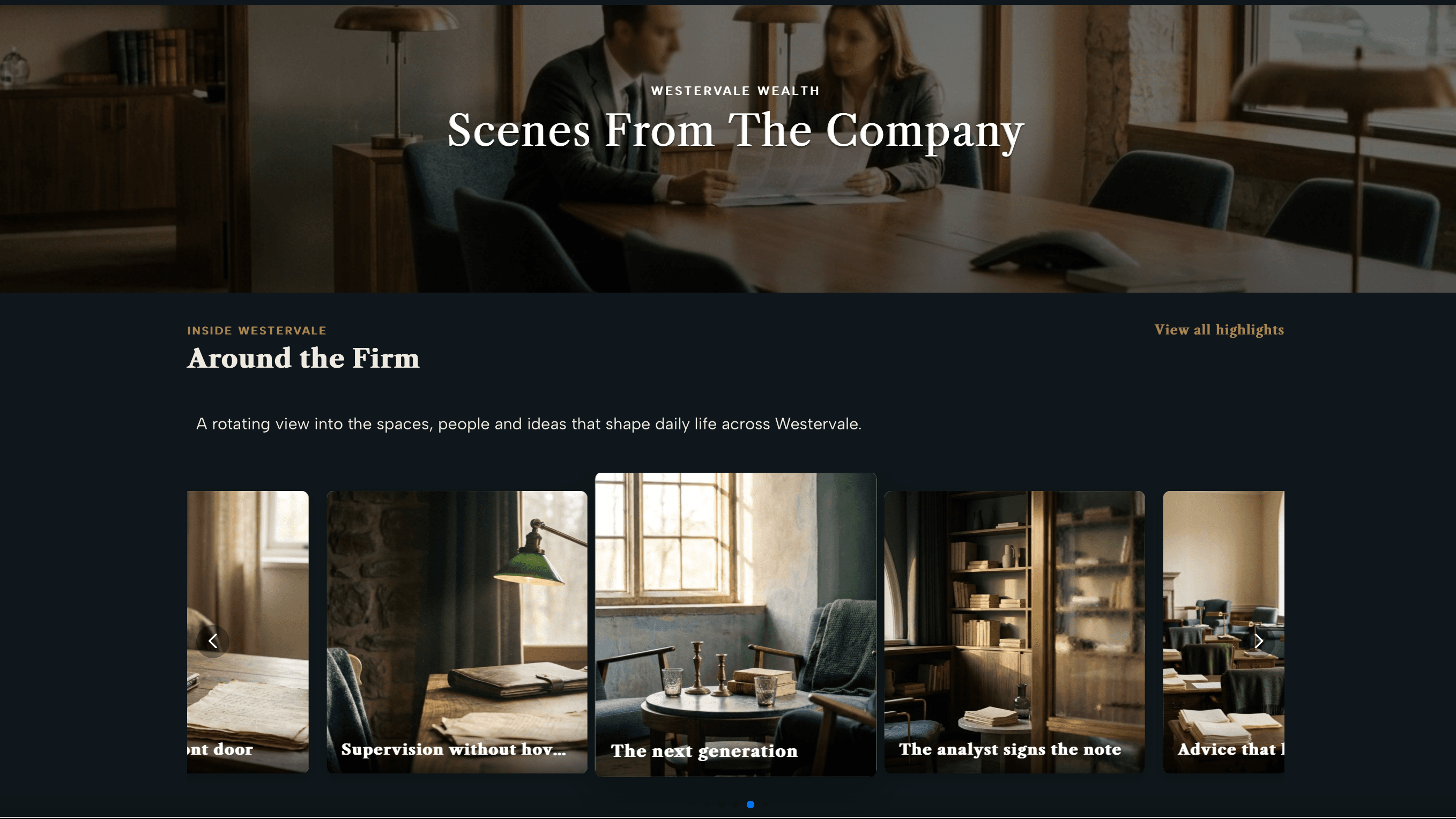 Carousel rotating image cards side by side, each with its caption overlaid, plus navigation arrows and dot pagination