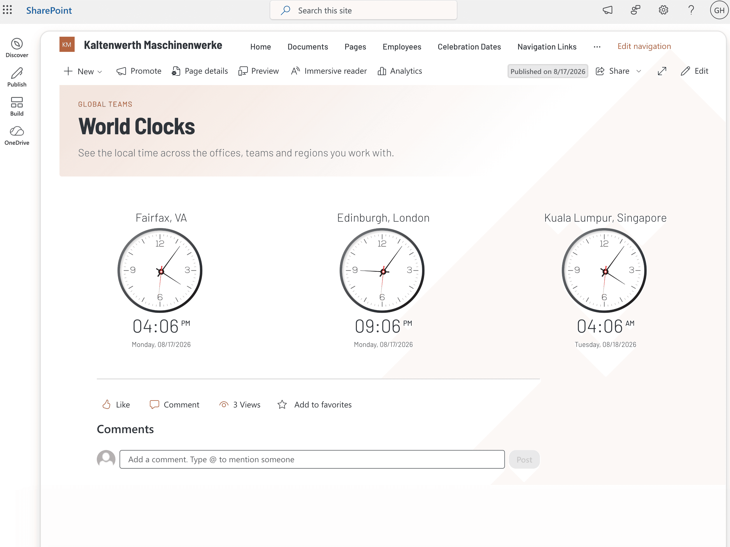 Three clock web parts side by side showing local time for three global offices
