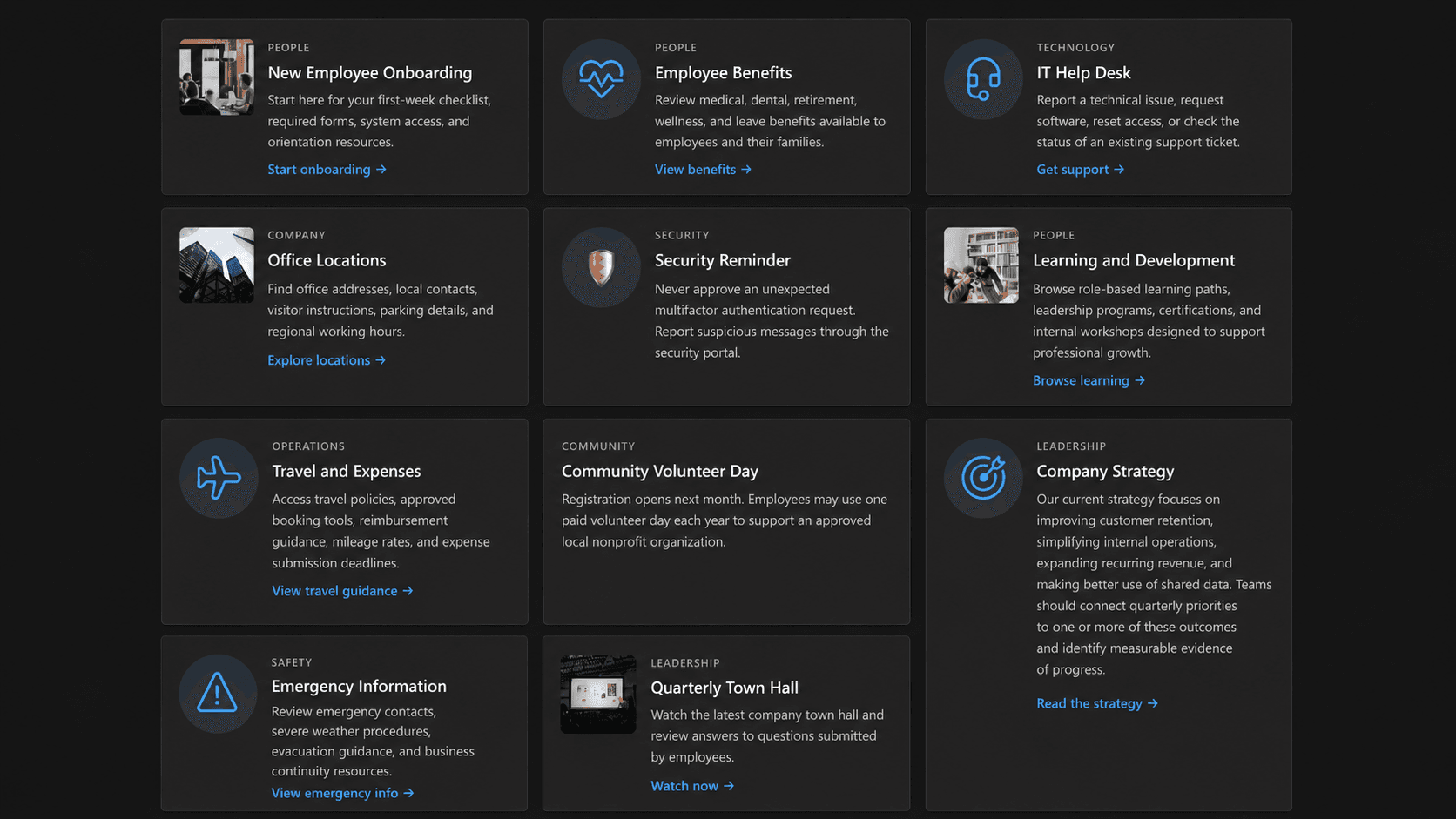 Dynamic Blurbs rendering a three-column card grid driven by a SharePoint list