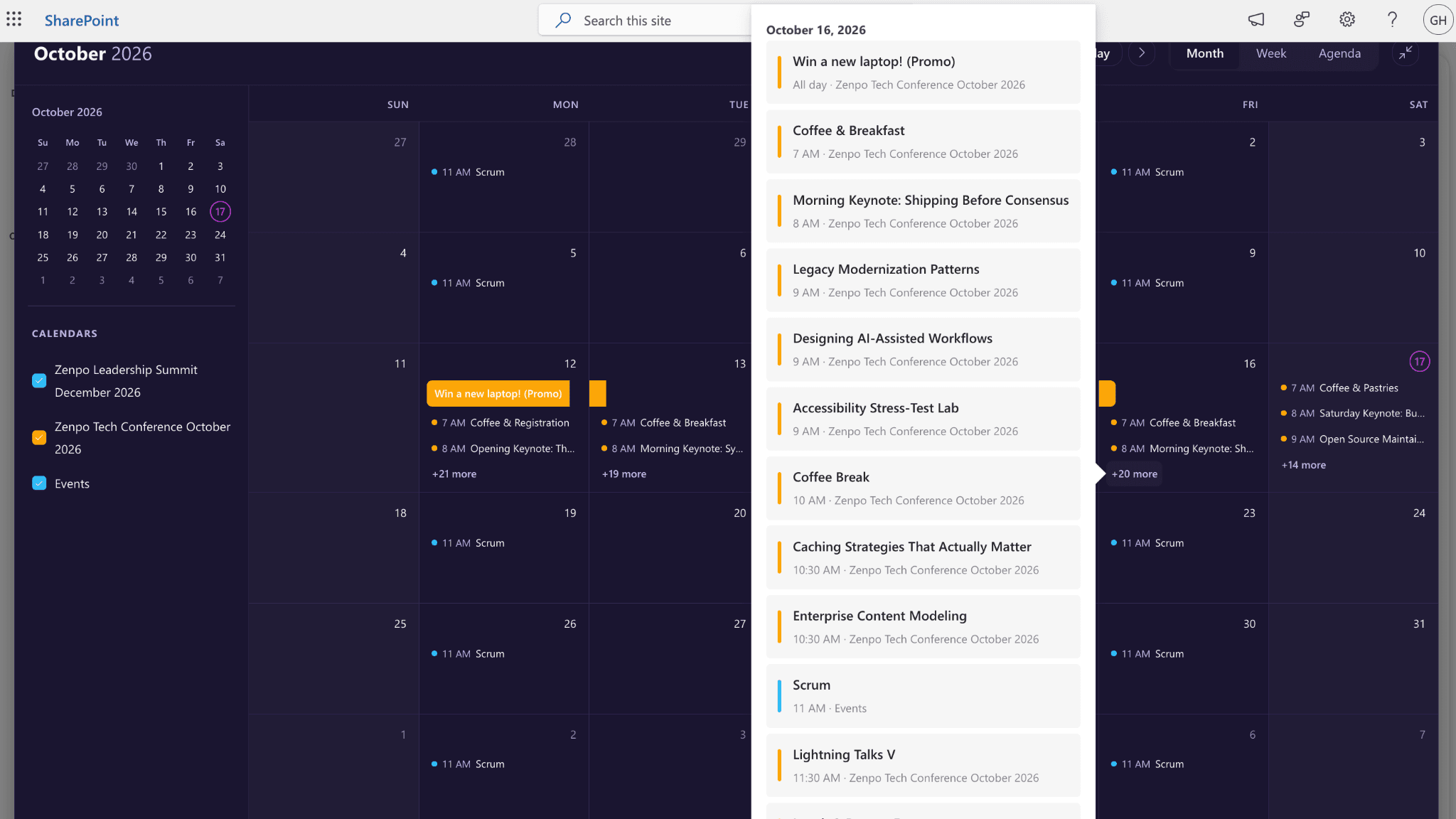 Full Calendar month view overlaying multiple SharePoint calendars with per-source colors and multi-day event lanes