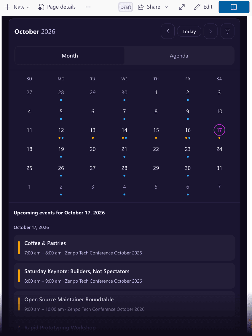 Full Calendar narrow mode showing a dot-grid month and upcoming events list