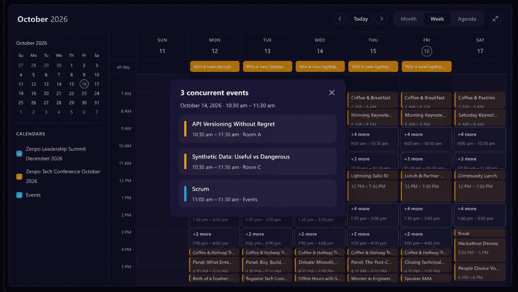 Full Calendar week view with three color-coded calendar sources and a popover listing concurrent events.