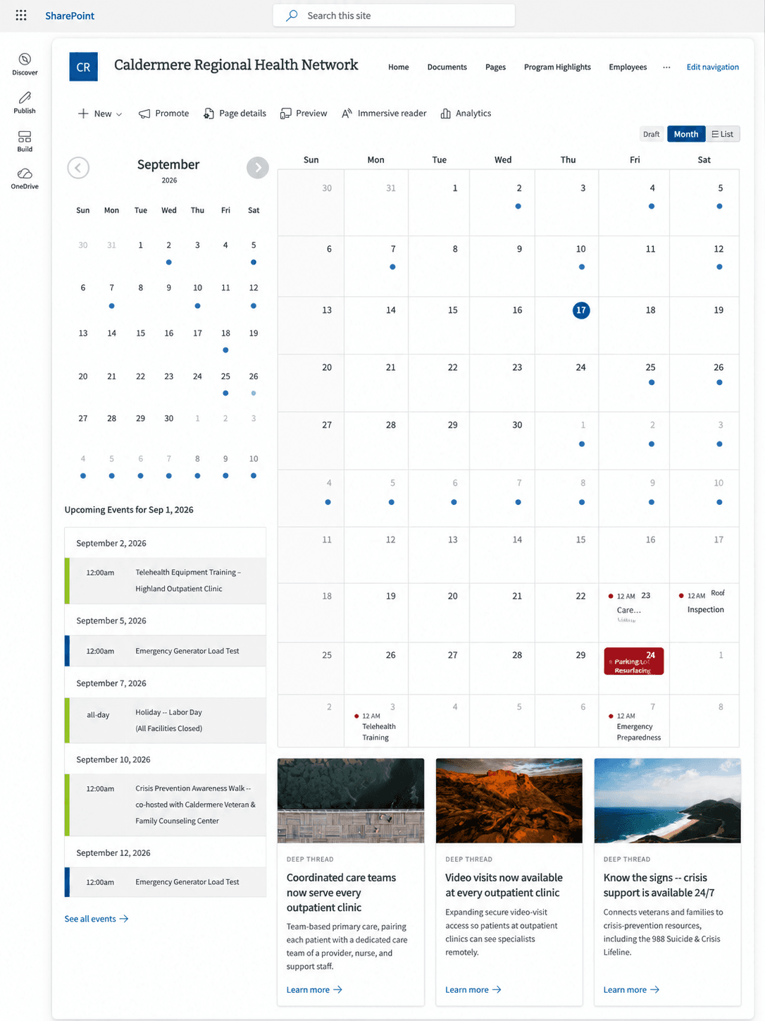 Mini Calendar in a narrow column showing a month grid and color-coded upcoming events list