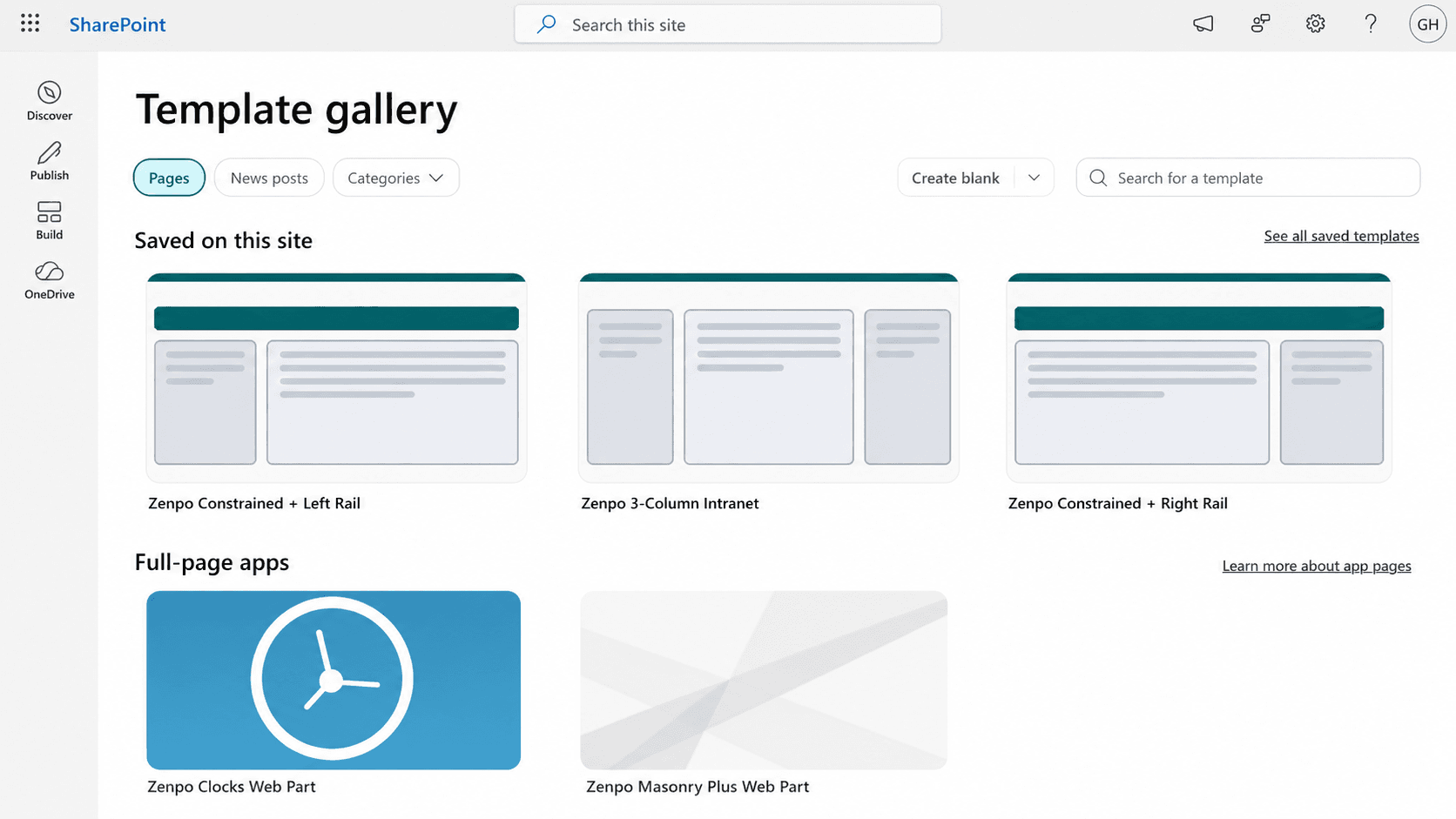 SharePoint’s native template picker listing the three installed Zenpo page layouts