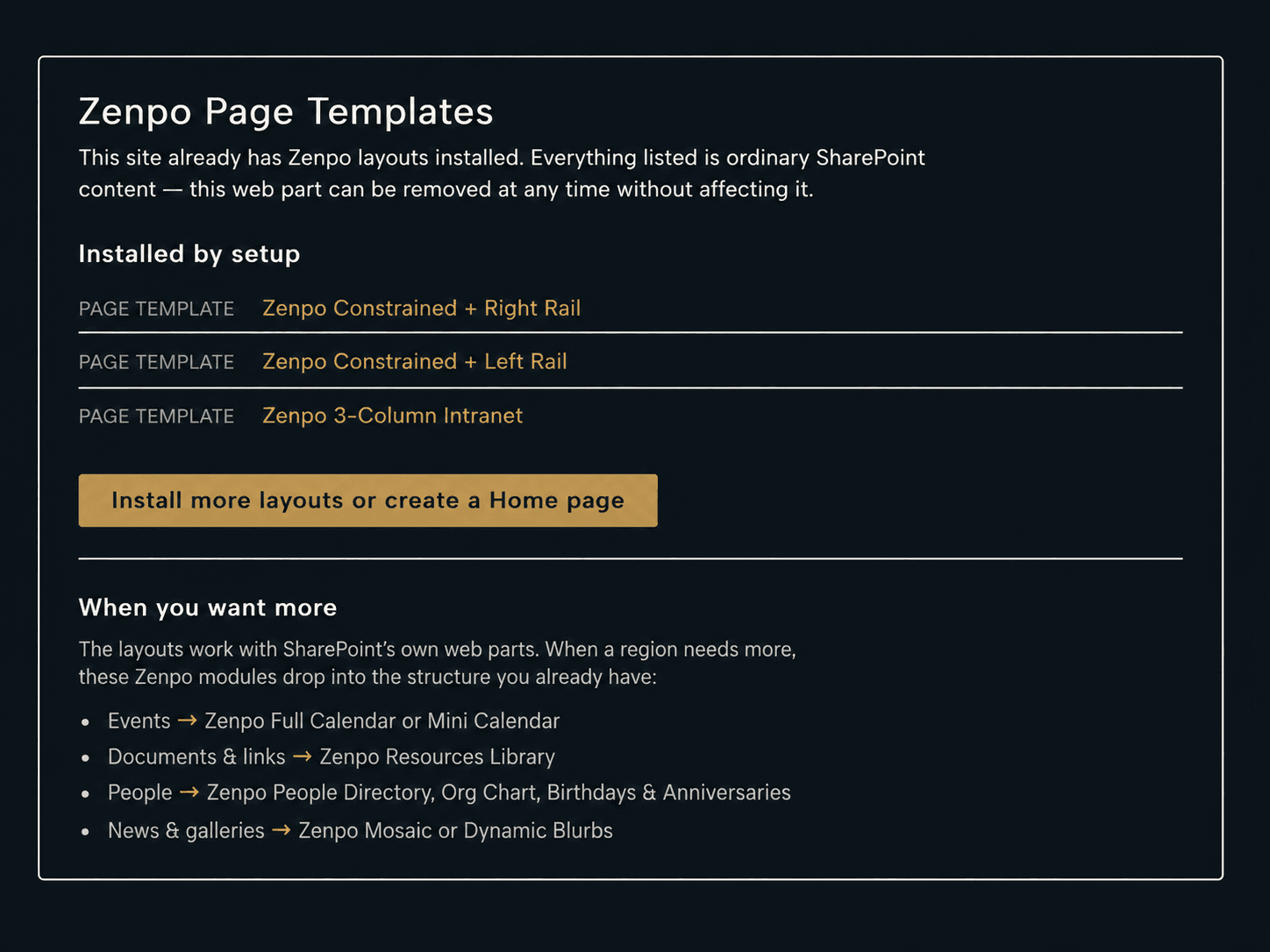Page Templates wizard preview step showing the chosen layout and exactly what will be installed
