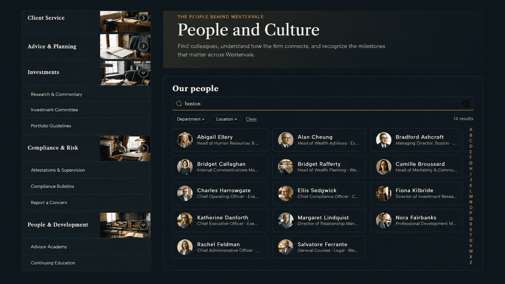 People Directory showing employee cards with active department filters, live search and an A–Z rail