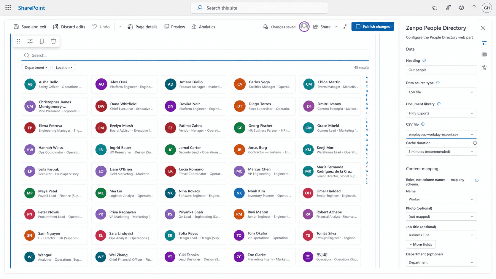 SharePoint document library with a workforce CSV export beside the People Directory property pane with the CSV source selected and field mappings visible