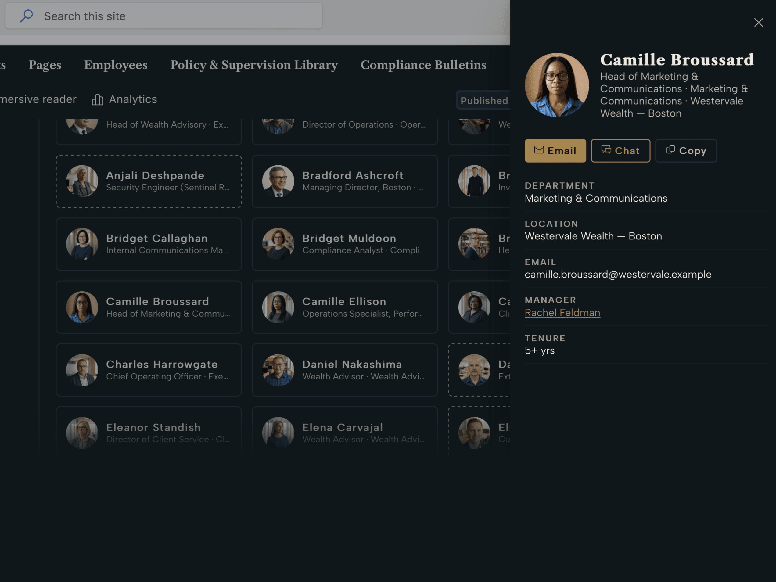 People Directory detail sheet with email and Teams actions, manager link and tenure band