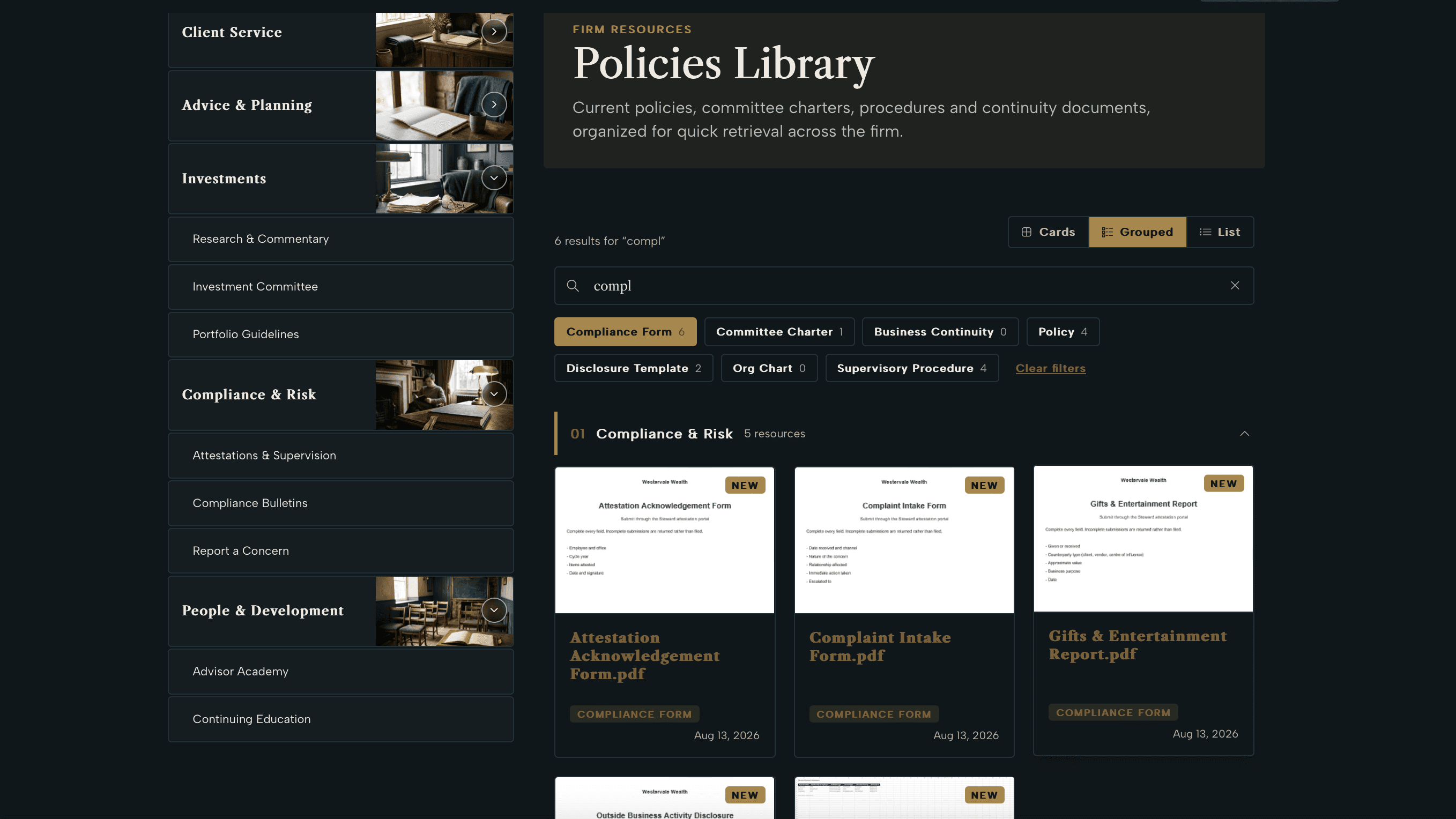 Resources Library grouped view filtered by a tag chip with live search active