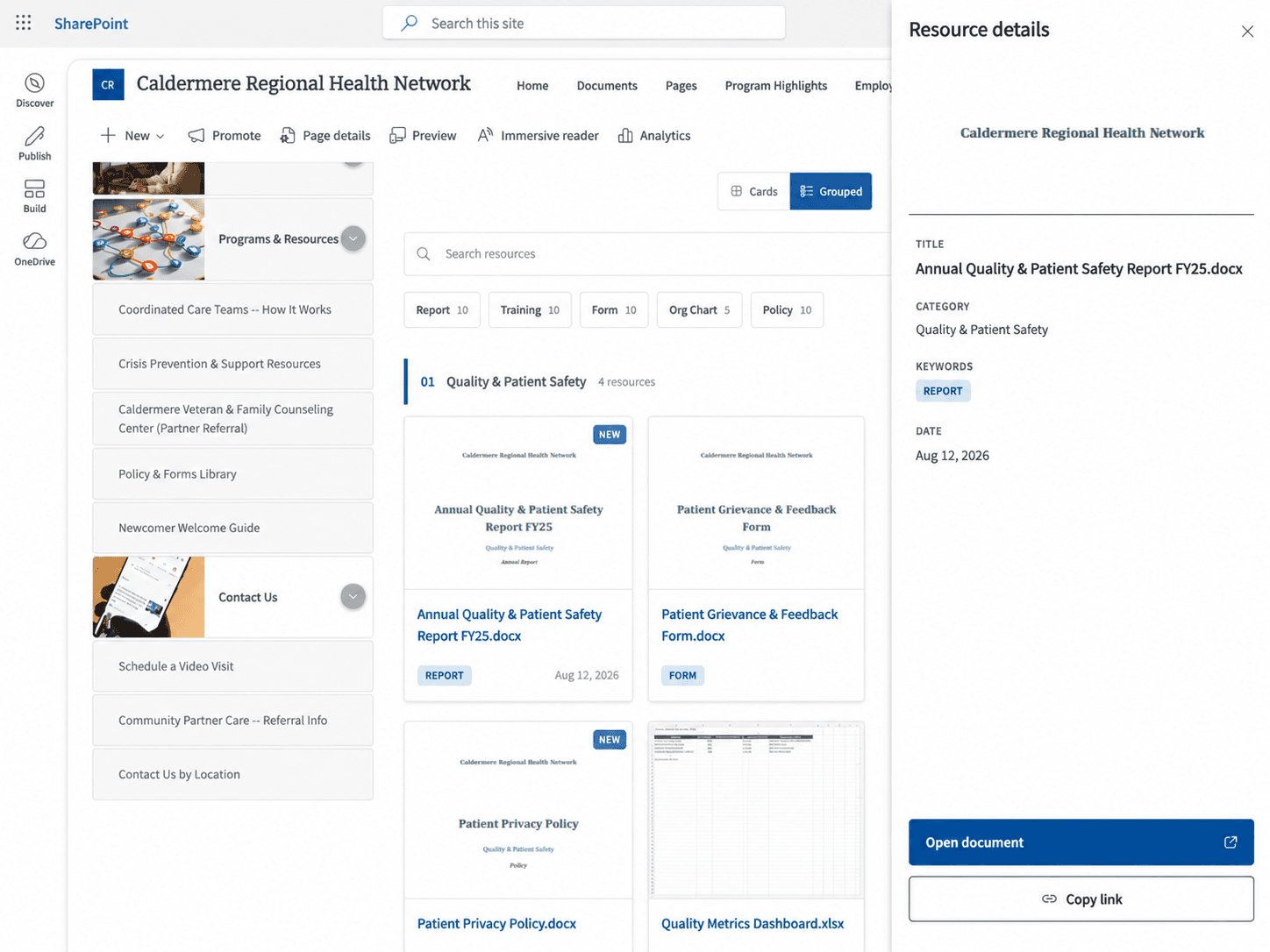 Resources Library details panel showing a document’s preview, description and Open action