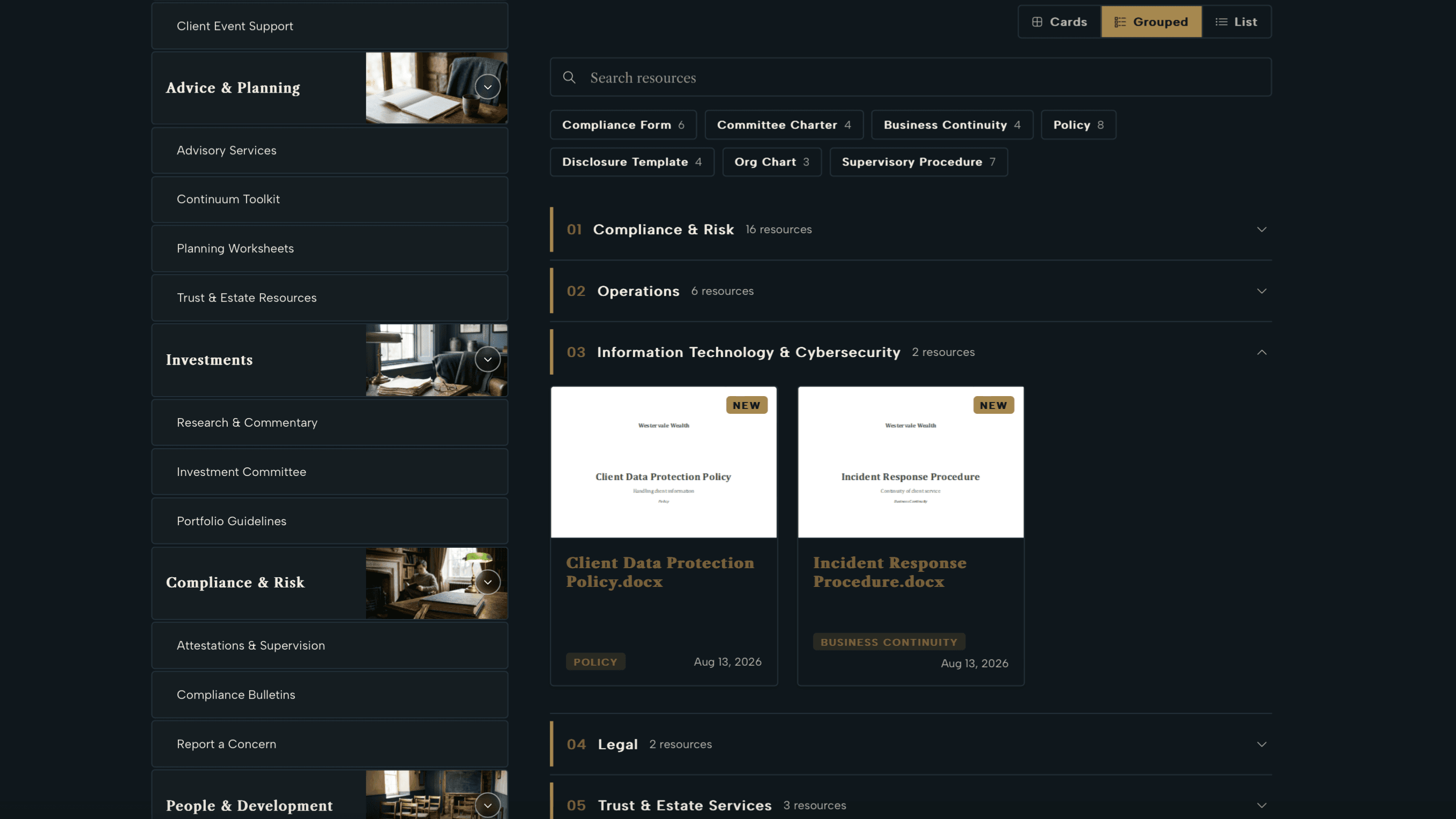 Resources Library grouped view with numbered collapsible category groups and a NEW badge on a recent document