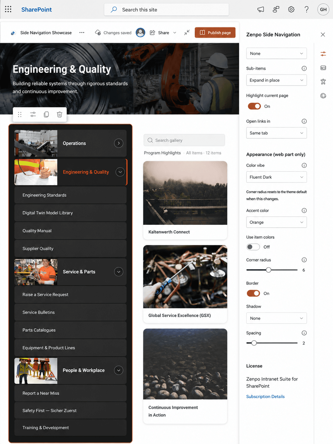 Side Navigation rail with image and color tile rows, an expanded nested group and the current page highlighted
