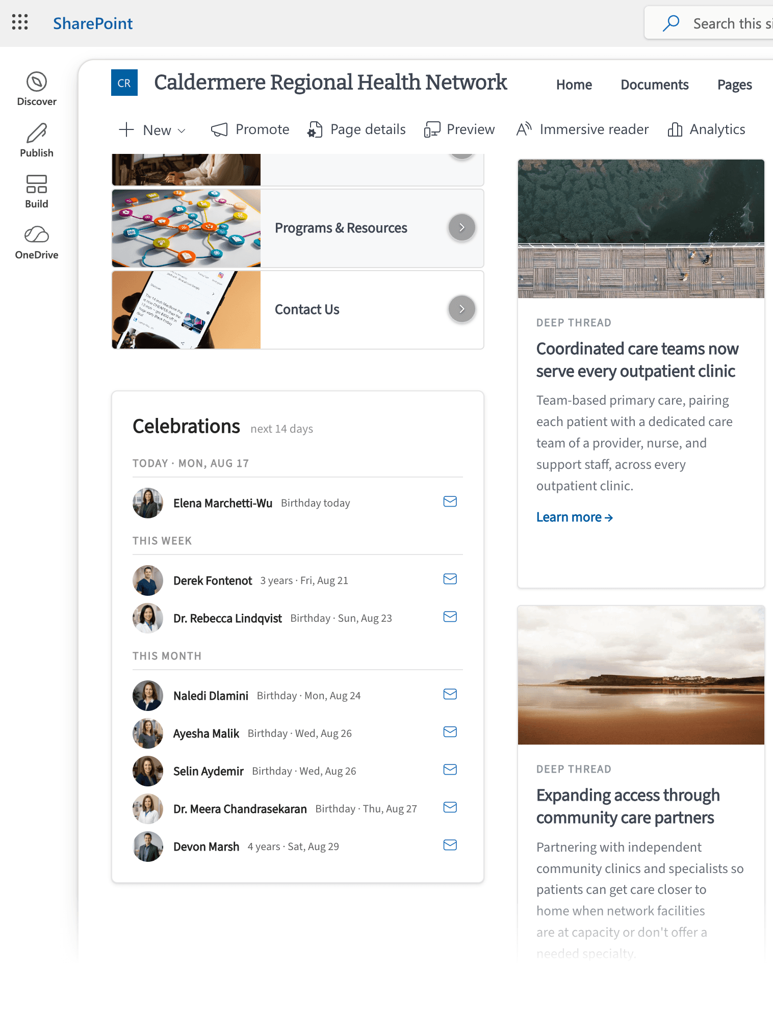 Birthdays and Anniversaries in a narrow SharePoint column with compact rows for today and grouped upcoming dates below
