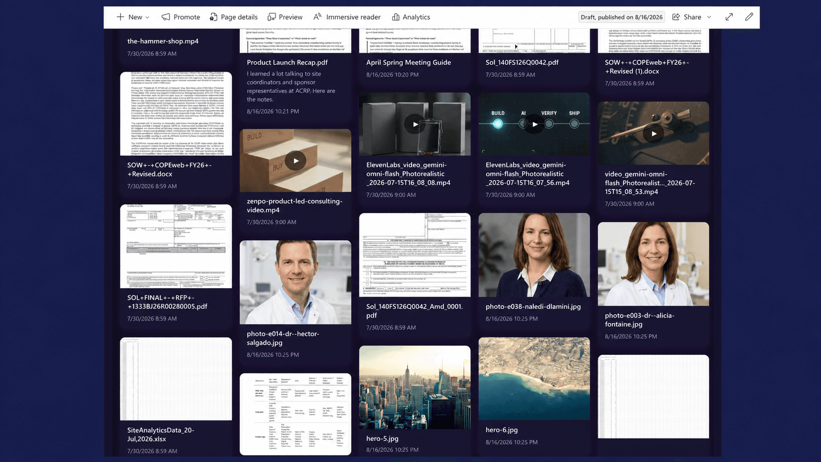 Mosaic masonry gallery showing mixed SharePoint content with document previews, videos, images and category chips above the grid
