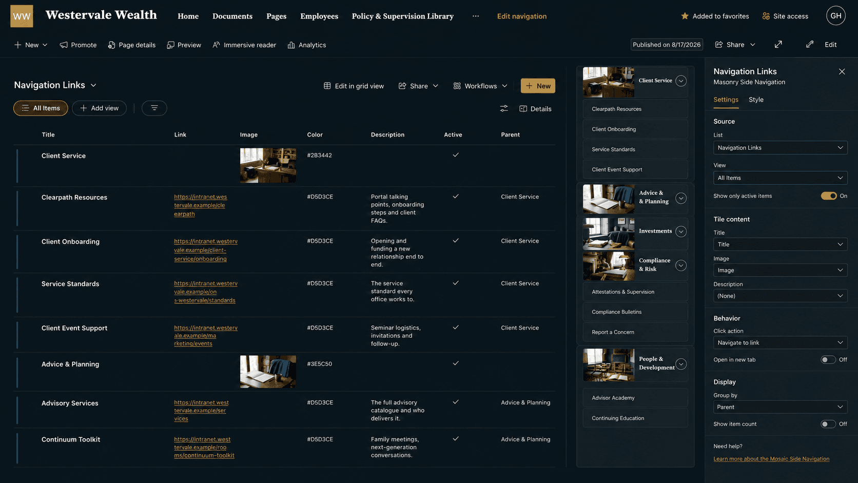 Side Navigation property pane showing list binding and tile styling controls